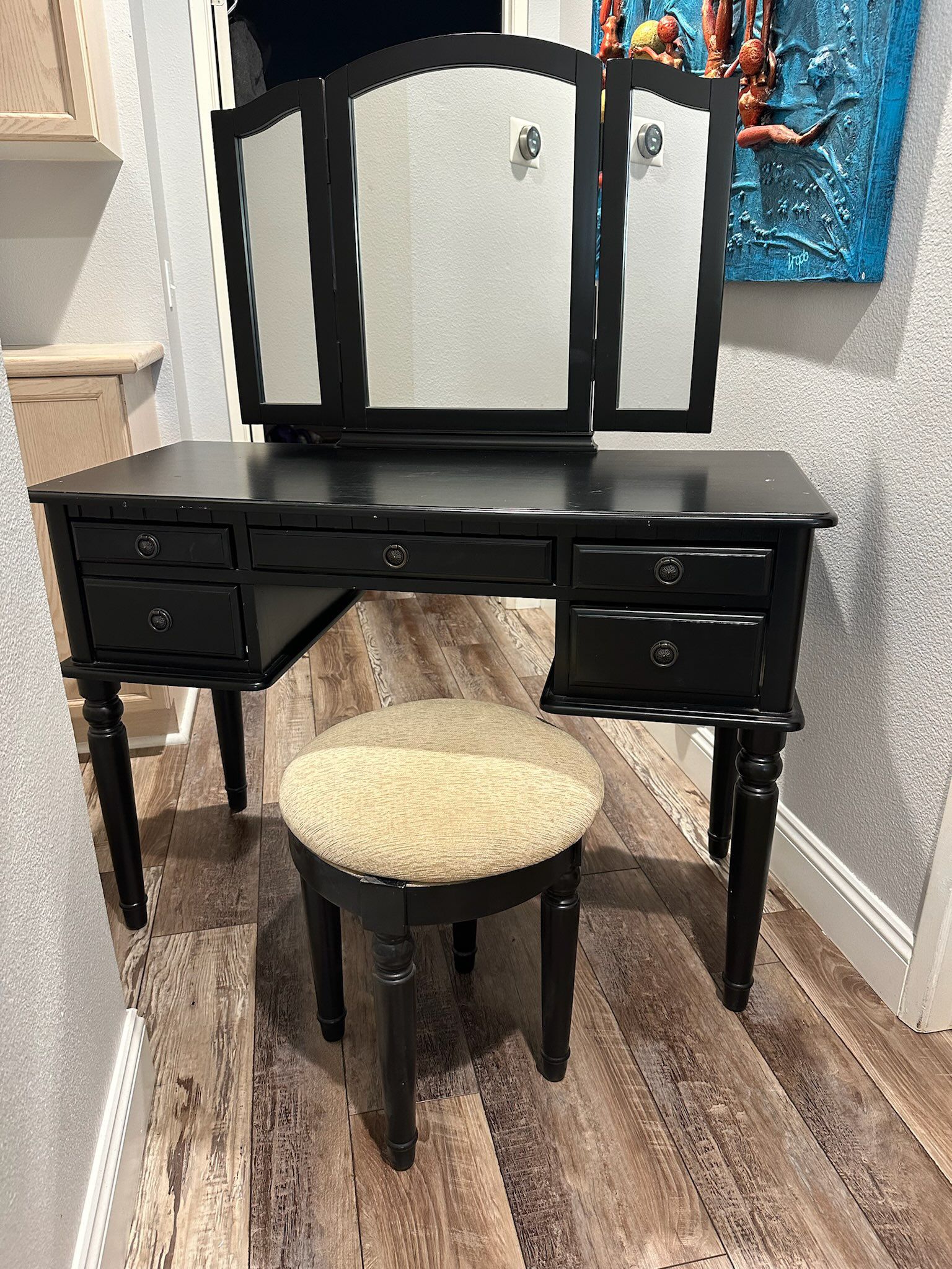 Solid Wood Vanity With Attached Mirror And Stool 