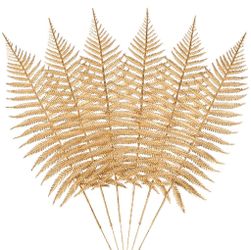 Artificial Gold Leaves Faux Plants Stems Set Of 6, 19.3" Fake Gold Fern Stems Fall Leaves Branches For Vase Fall Decor, Golden Artificial Stem For Hom
