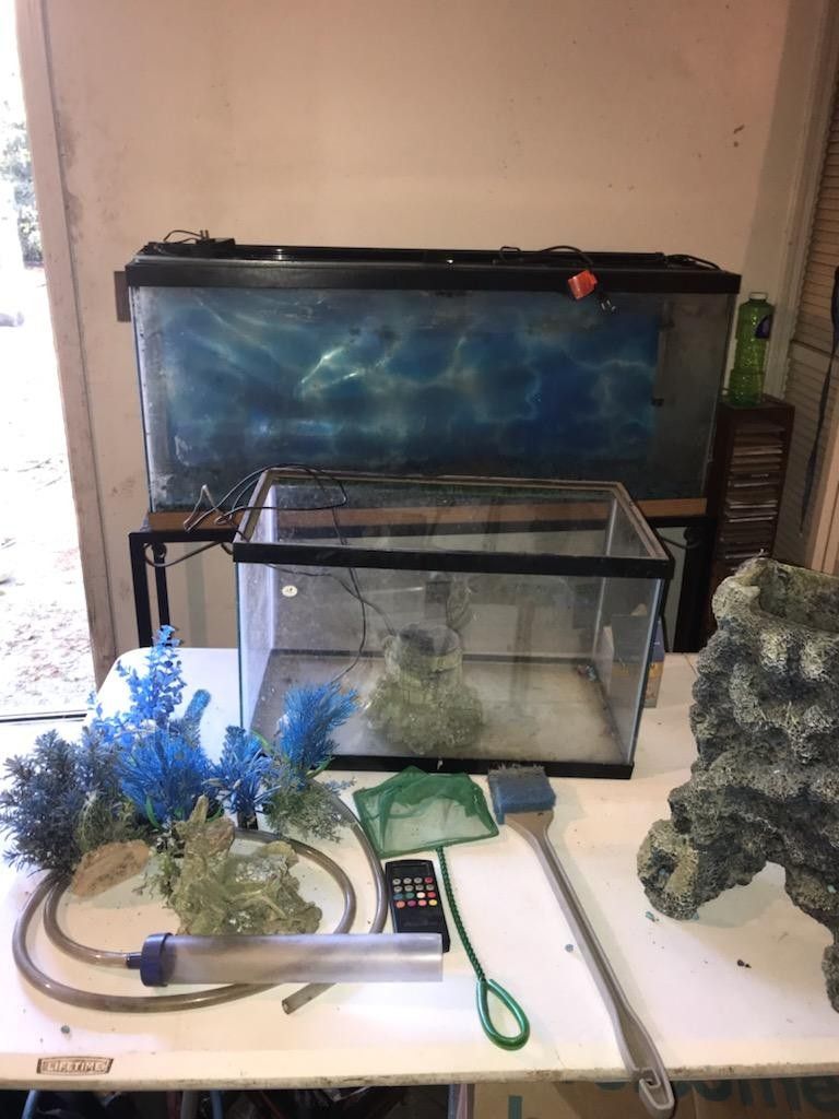 2 Fish Aquariums 55 Gallon Tank With Metal Stand & 10 Gallon Tank Everything Included In Pictures 