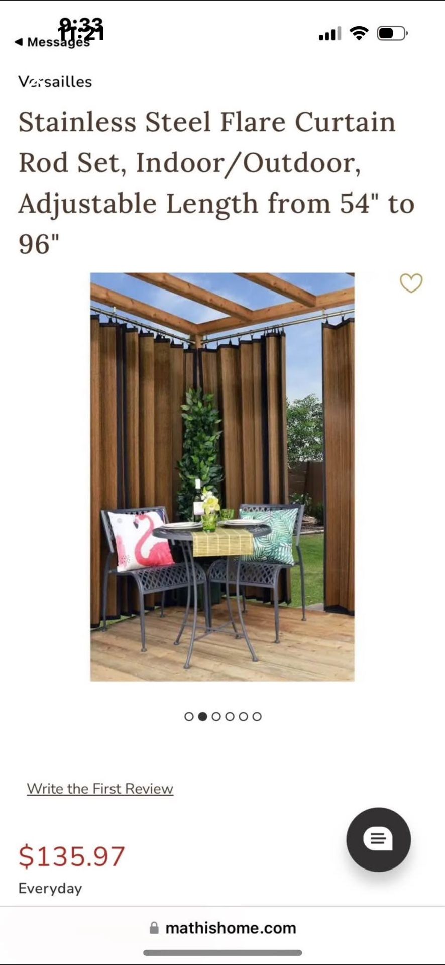Versailles Stainless Steel Flare Curtain Rod Set, Indoor/Outdoor, Adjustable Length from 54" to 96"
