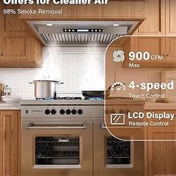 42 inch Stainless Steel Insert Range Hood - 900 CFM, Ultra-Quiet 4-Speed Vent, Touch/Remote Control, LED Lights, Ducted/Ductless Convertible