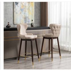 42.5 in. Beige Low Back Wood Bar Stool with Thickened Leathaire Fabric Seat (Set of 2)