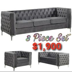 3 Piece Sofa Set Sofa Loveseat Chair Grey Velvet Button Tufted Chrome Legs Nailhead Trim Accent Firm Price $1,900 Financing Available 