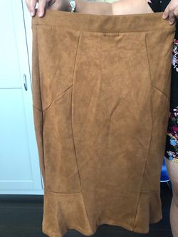 Tan Suede Midi Skirt with Ruffle Hem