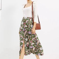 Loft Fashion Green Paisley Midi Skirt 