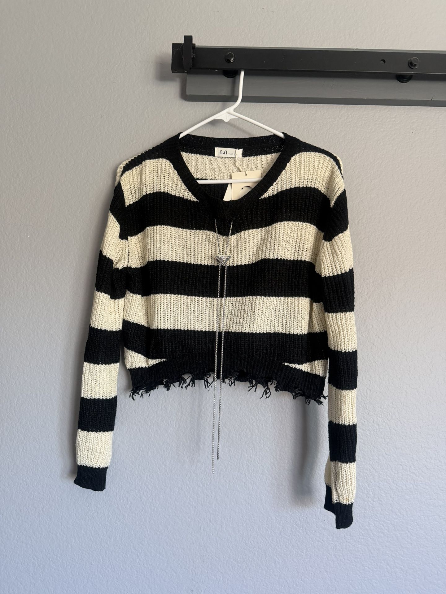 Striped Knit Sweater – Distressed Hem, Trendy Look S