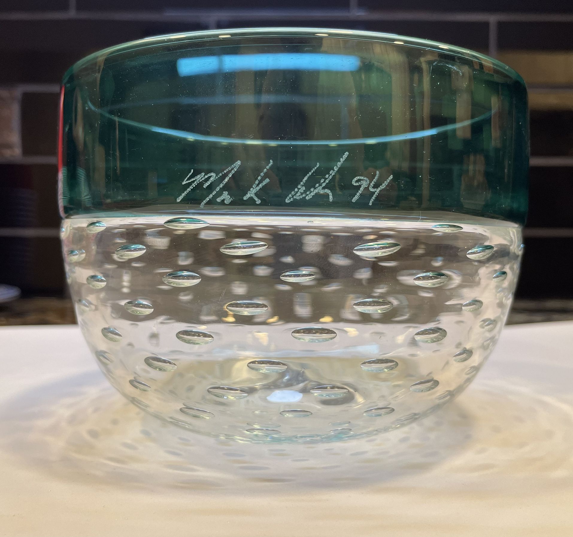 Beautiful Vintage Heavy Glass Bowl With Turquoise/clear Glass 