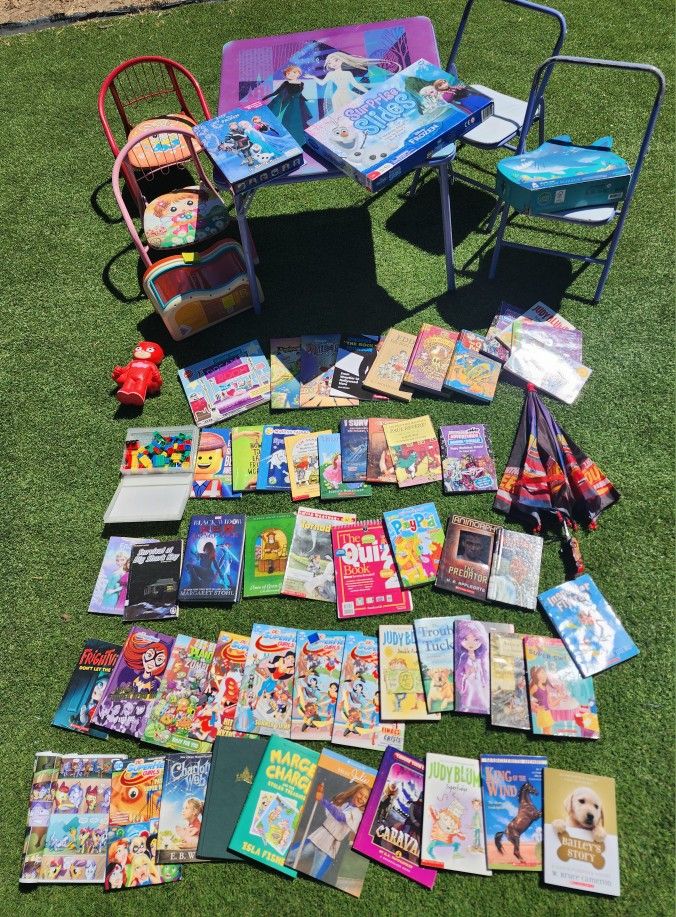 Kids Books Table Chairs Frozen Games Lot of 64 Pieces 