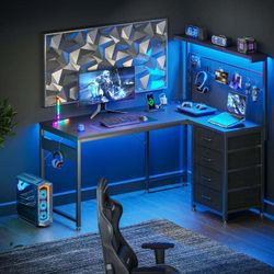 43 inch L Shaped Desk with 4 Storage Drawers, Reversible L Shaped Gaming Desk with Power Outlets & LED Lights, Computer Desk with Movable CPU Stand & 