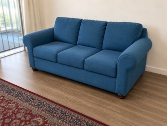 Blue Fabric 3-Seat Sofa with Rolled Arms
