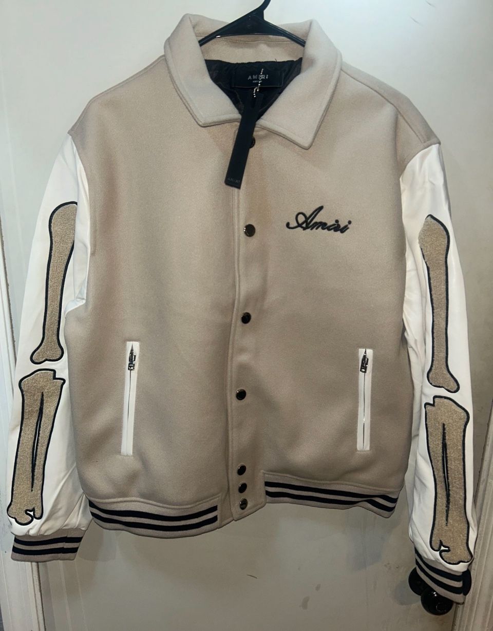 AMIRI Bones Varsity Jacket In Alabaster (Tan/White) (Medium)