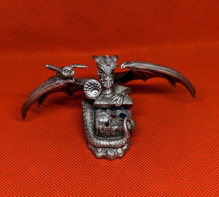 VTG 80's Spoontiques Pewter Dragon Guarding Jewels In Treasure Chest w/ Owl
