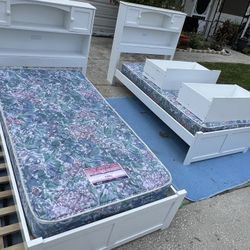 White Twin Beds, With Cabinets And Trundle 