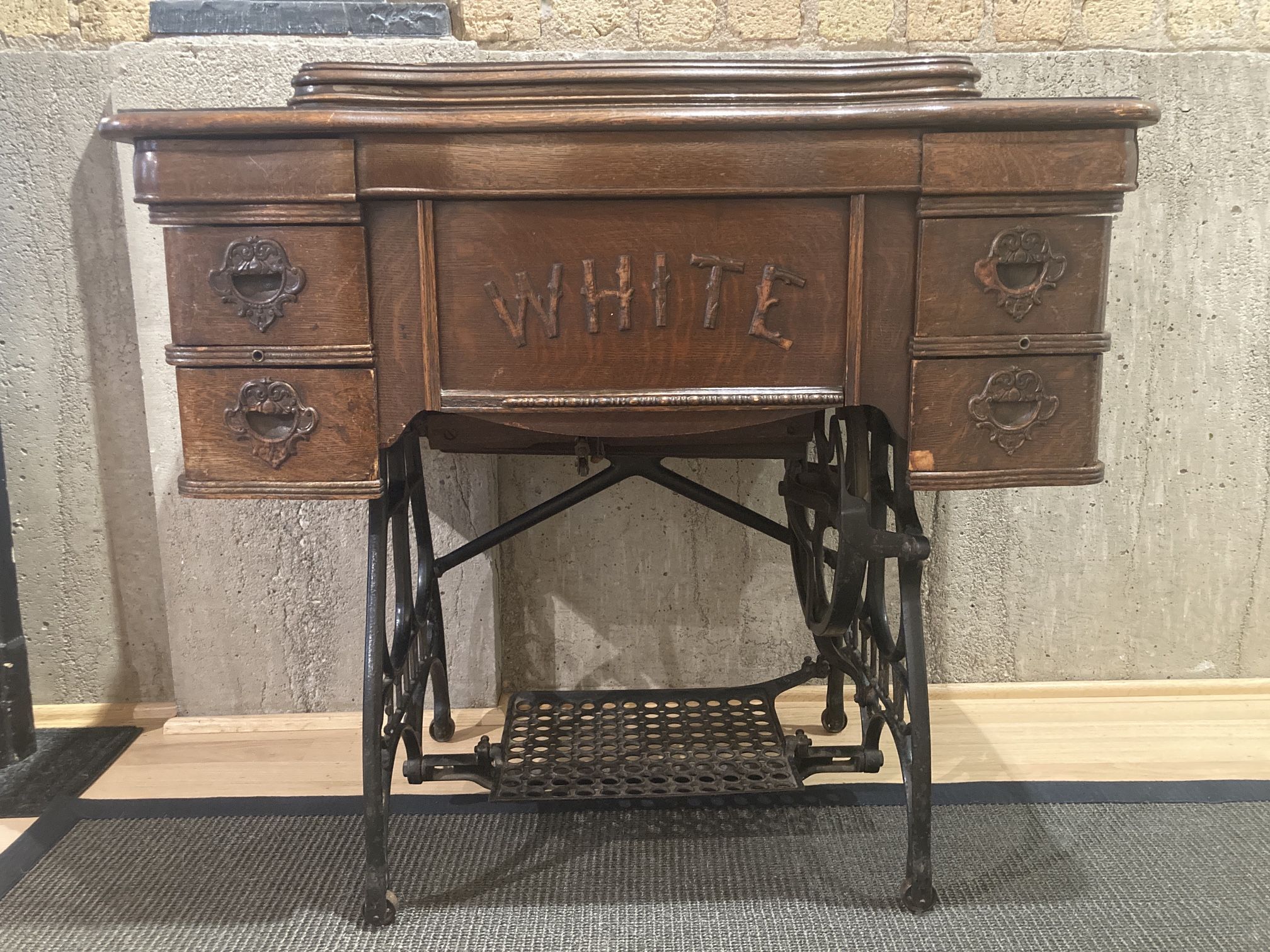 Antique White Rotary Treadle Sewing Machine Cabinet