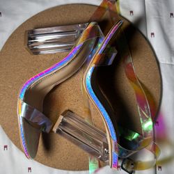 FASHION NOVA Women Holographic Metallic Ankle Strap Clear Heel Sandals Sz 7