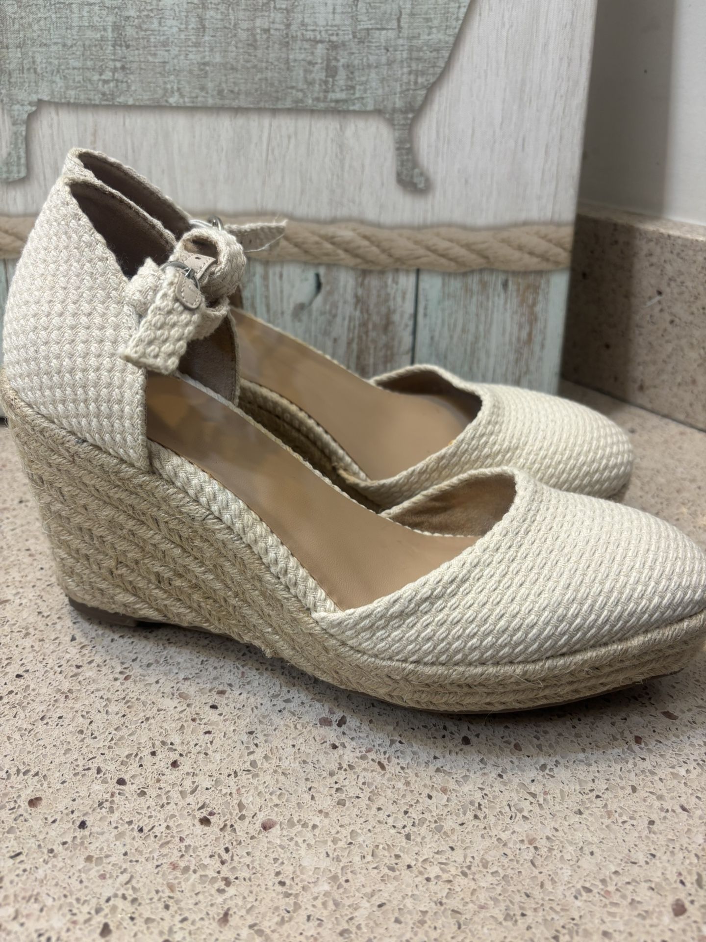 Cream-colored Espadrille Wedges Size 7.5 are the Olivia model by A New Day.