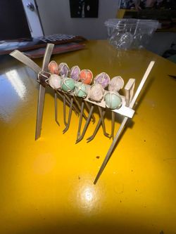 Vintage 10-Piece Gemstone & Wire-Wrapped Appetizer Cocktail Fork Set with Display Stand