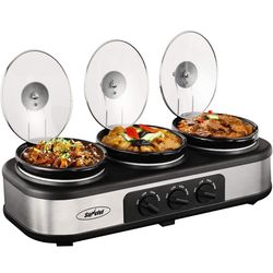 Sunvivi Slow Cooker, Triple Slow Cooker Buffet Server and Food Warmer, 3-Section 1.5-Quart Upgraded Oval Ceramic Pot with Stainless Steel Lid Rests, 3