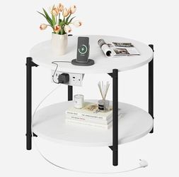LIKIMIO 23.6" Double-Tiered Round End Tables with Charging Station - White