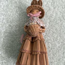 Vintage Broomstraw, Wicker, Wood Lady Figurine, Sculpture, Doll