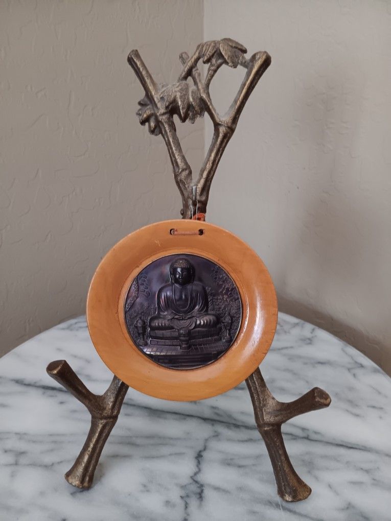 $25 Vintage Buddha Plaque Seated Buddha
High Relief Metal on Wood 4 1/2" on a Great Metal Stand