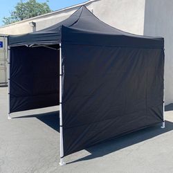 (NEW) $129 Heavy-Duty EZ Popup Canopy 10x10’ with (3 Sidewalls) Outdoor Gazebo, Carry Bag (Black)