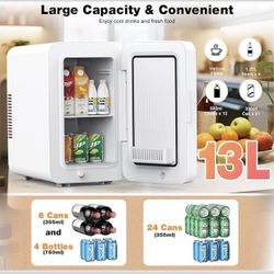 🥨13L  Mini Fridge for Bedroom, Non-condensing Small Skincare Fridge, 110V/12V Portable Refrigerator Cooler & Warmer for Drinks, Food, Beauty, Makeup,