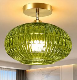 Green Glass Semi Flush Mount Ceiling Light 9.84" Gold Vintage Sloped Ceiling Fixture