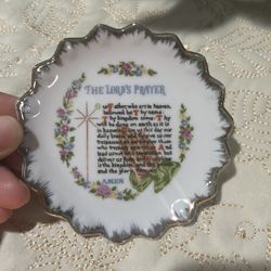 Lords Prayer Plate Decorative Vintage Porcelain Japan Made Gilt Edge Floral 4"