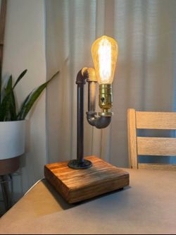 Handmade Industrial Pipe Lamp with Edison Bulb – Rustic Wood Base