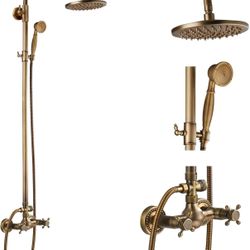 Exposed Bathroom Shower Faucet Set Shower Fixture 8 Inch Rainfall Shower Head Handheld Shower Cross Handle Wall Mount 2 Functions Antique Brass