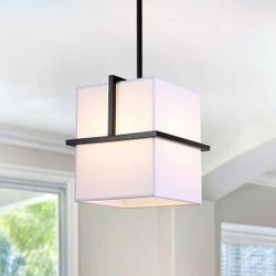 R4) Light Black Farmhouse Hanging Pendant Light for Kitchen Island with Linen Shade, $40