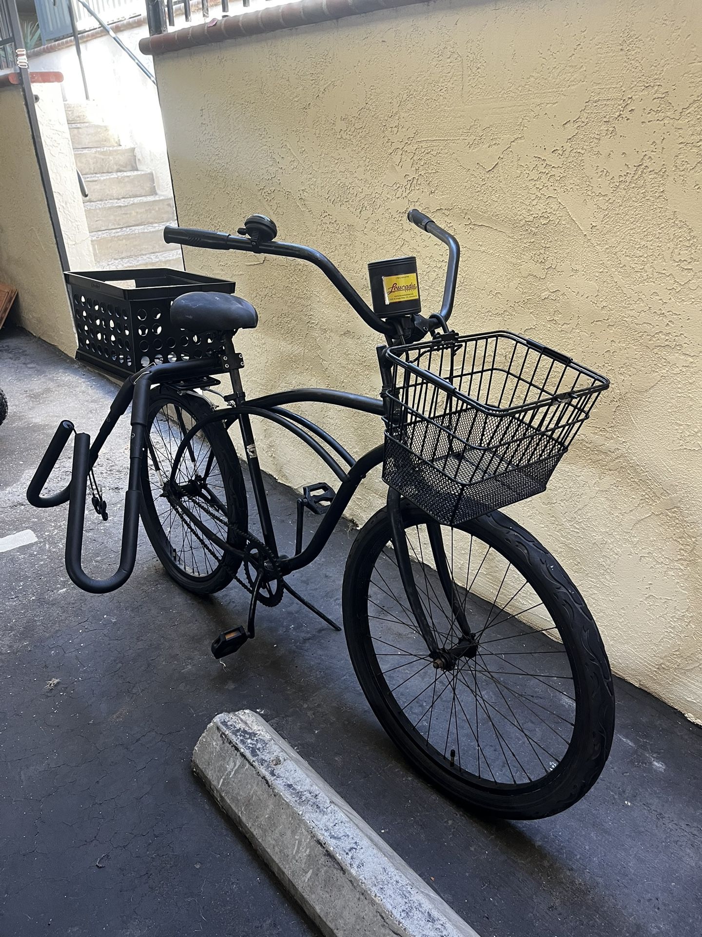 Beach Cruiser Bike With Baskets And Surf Rack