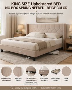 king size Uphostered bed NO BOX SPRING NEEDED BEIGE Color