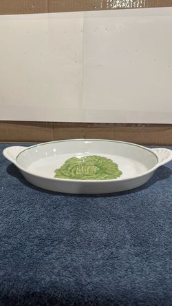 White Ceramic Oval Serving Dish with Cabbage Design.