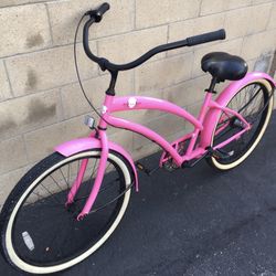 Woman’s full size pink HBBC Skull and Bones 3 speed beach cruiser