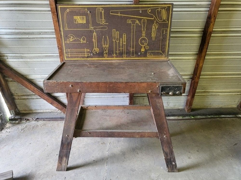Vintage Wooden Kid's Work bench With Pegboard Back Vise