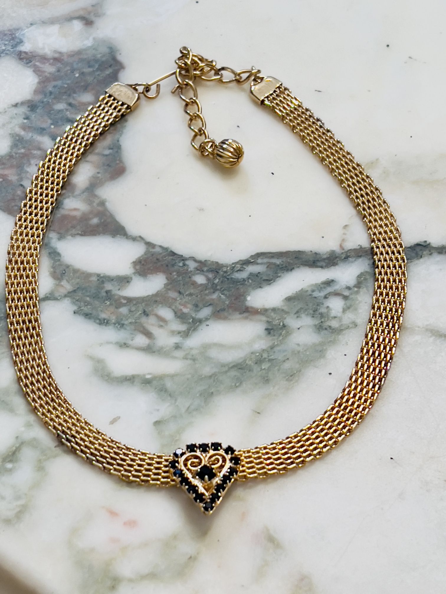 Vintage gold mesh navy blue rhinestone heart choker necklace