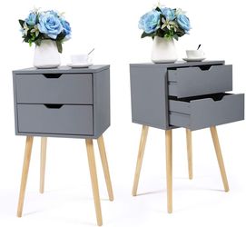Set of 2 Nightstand End Table, Storage Wood Cabinet Accent Side Table w/ 2 Drawers