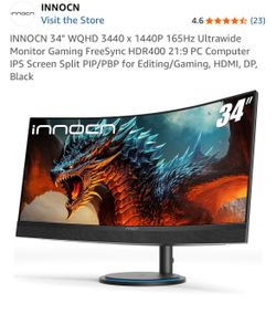 INNOCN 34" WQHD 3440 x 1440P 165Hz Ultrawide Monitor Gaming FreeSync HDR400 21:9 PC Computer IPS Screen Split PIP/PBP for Editing/Gaming, HDMI, DP, Bl