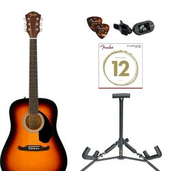 Fender FA-125 Dreadnought Pack – Sunburst Guitar + Stand, Tuner, Picks, Strings