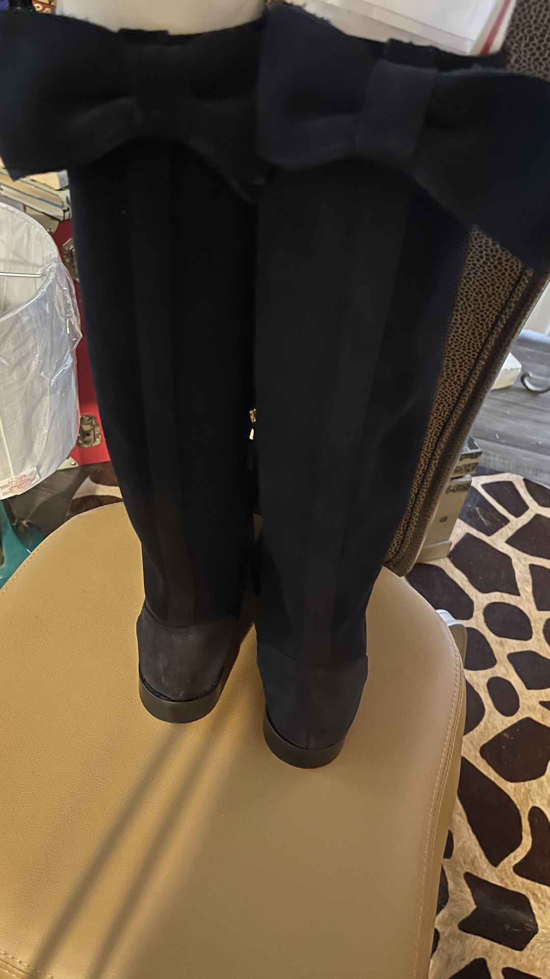 Valentino Red Suede Tall Black Boots W Bow Size 7 new