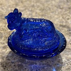 Vintage Cobalt Blue Glass Nesting Cow Salt Cellar