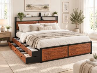 King Size Bed Frame with 12 Storage Drawers, LED Headboard with Charging Station, Metal Bed Frames, No Box Spring Needed, Noise Free, Stable and Solid