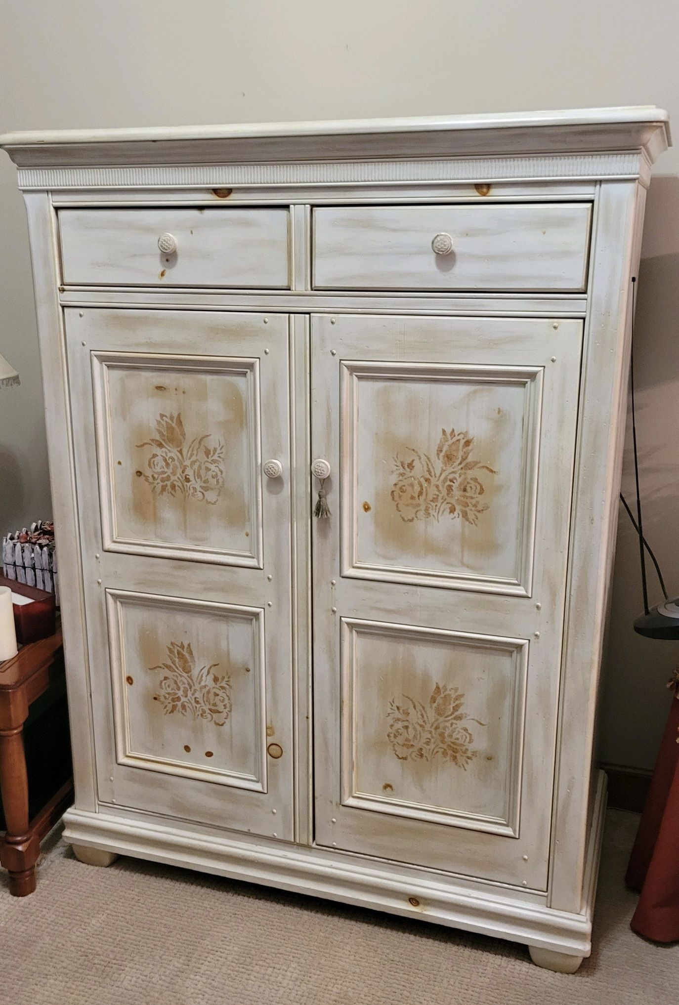 Armoire / Entertainment Center By Alexander Julian Home Colours 56” Tall. Cream With Gold Accents