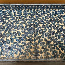 New Gorgeous Mother Of Pearl Inlay Serving Tray With Handles. Blue 