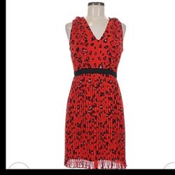 Foxiedox Dress Med Red Black Ruffle Pleats Leopard Print Cocktail Dress