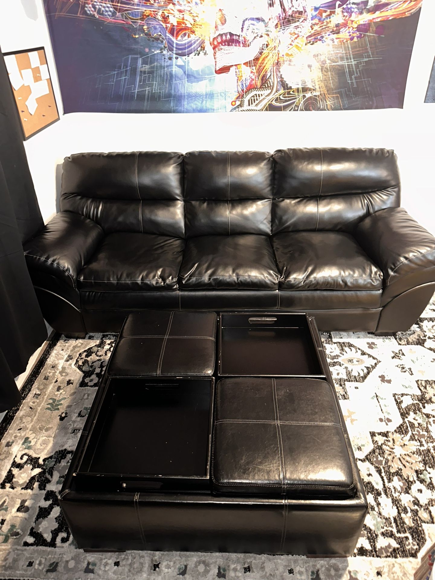 Black Leather Couch With Modular Ottoman