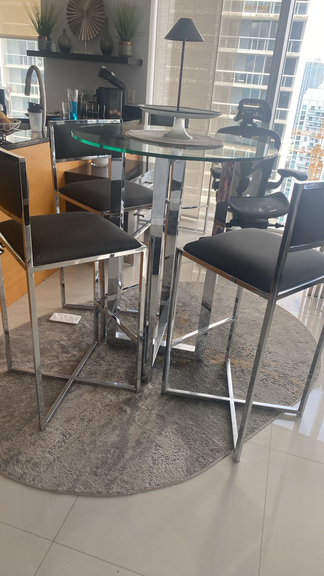 High Top Glass And Chrome Table With 4 Chairs 