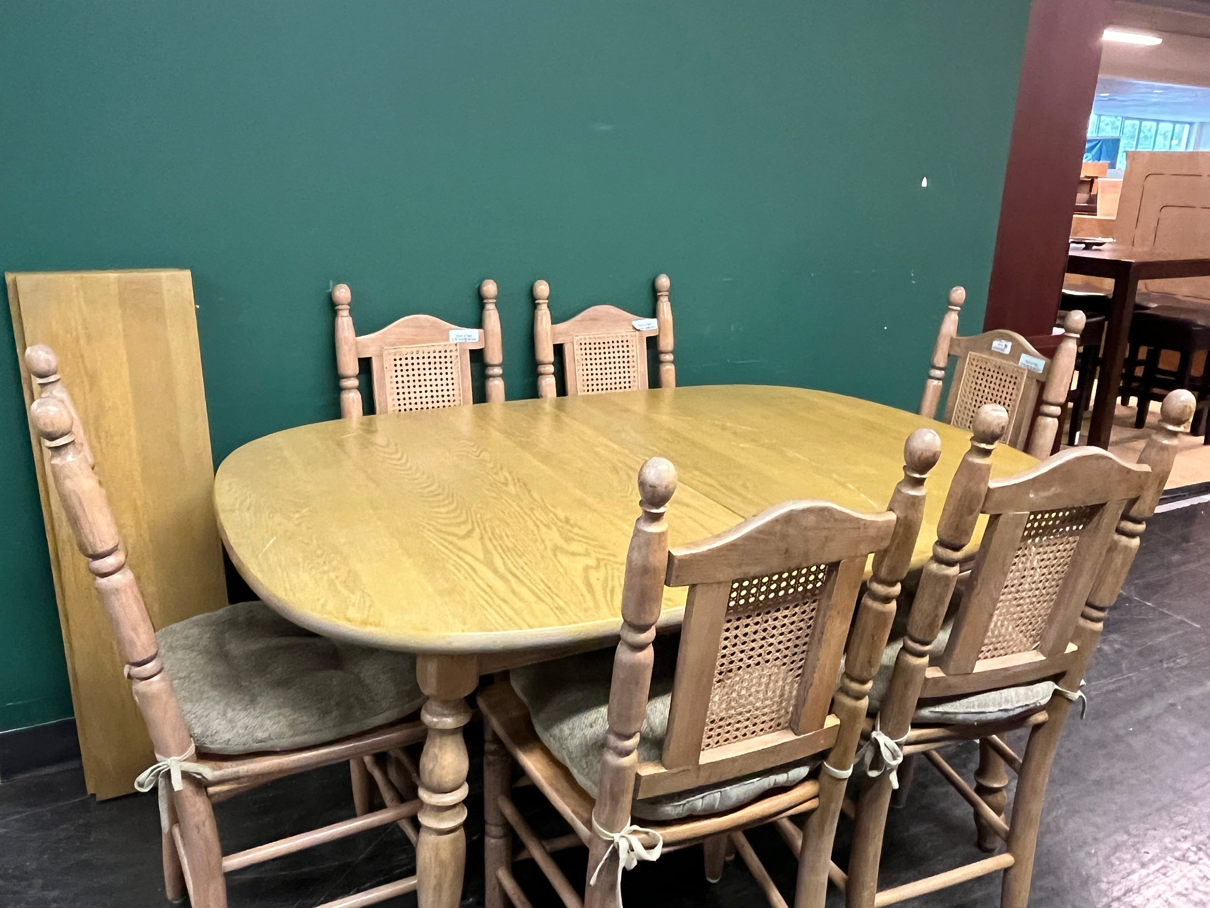 Mid Century Modern Sturdy Wood Dining Set with Six Chairs and Two Leafs